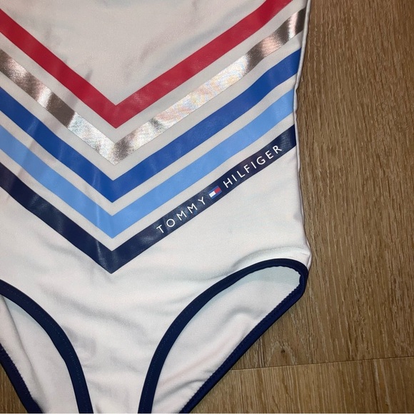 Tommy Hilfiger Kids Swim One Piece - White with Red, Blue, Stripes | Pool Beach - Picture 2 of 7